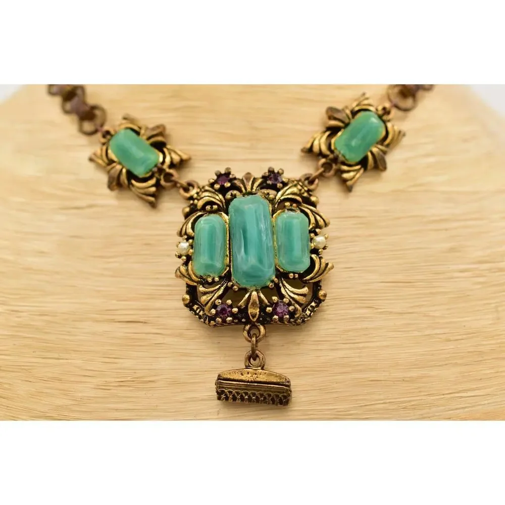 Vintage Collar Necklace Green Cabochon Antiqued Brass Gold Chunky Heavy BinA17